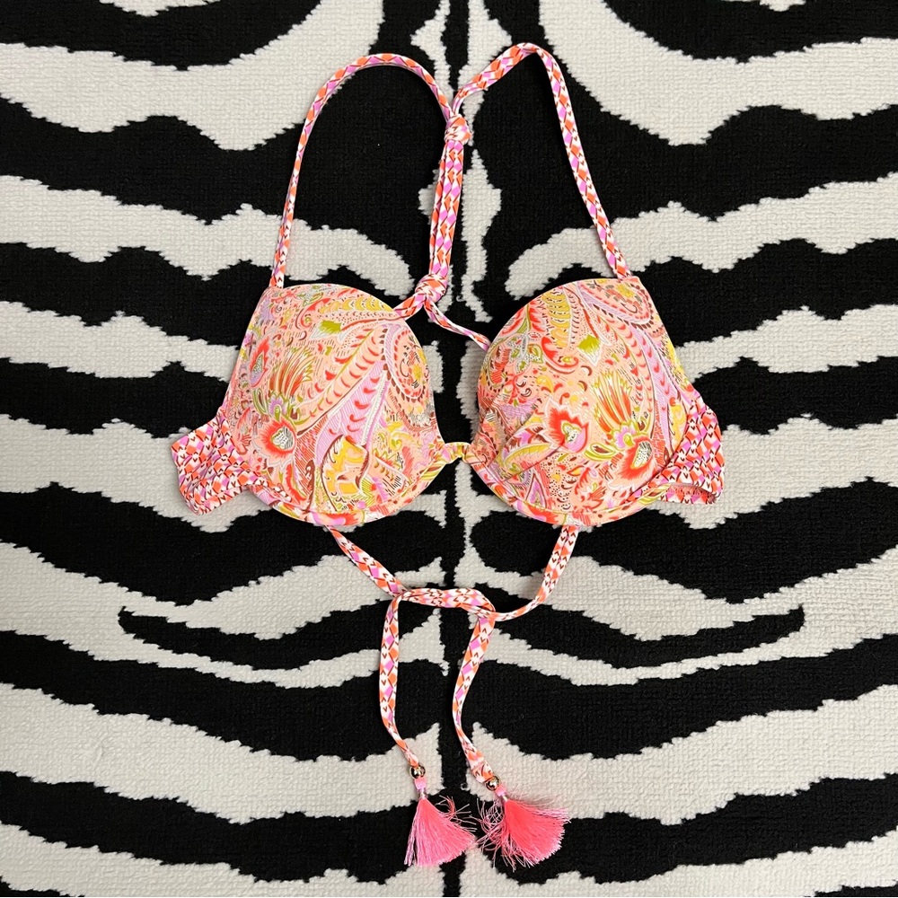 Victoria's Secret Warm Paisley Push-Up Bikini Top With Tie Tassels Size 34D